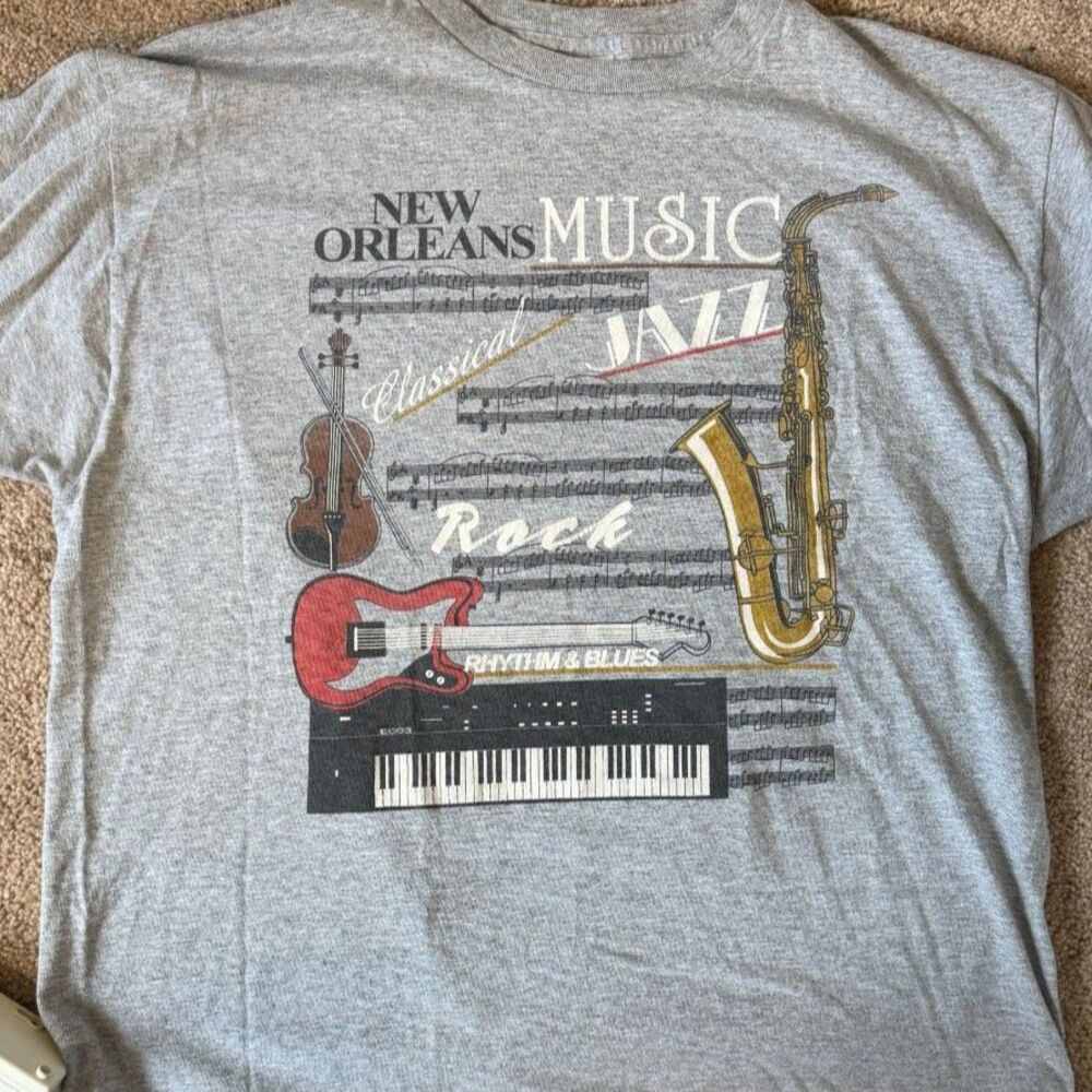 Vintage New Orleans Music Jazz Saxophone Tee XL Gray Fruit of the Loom 90s